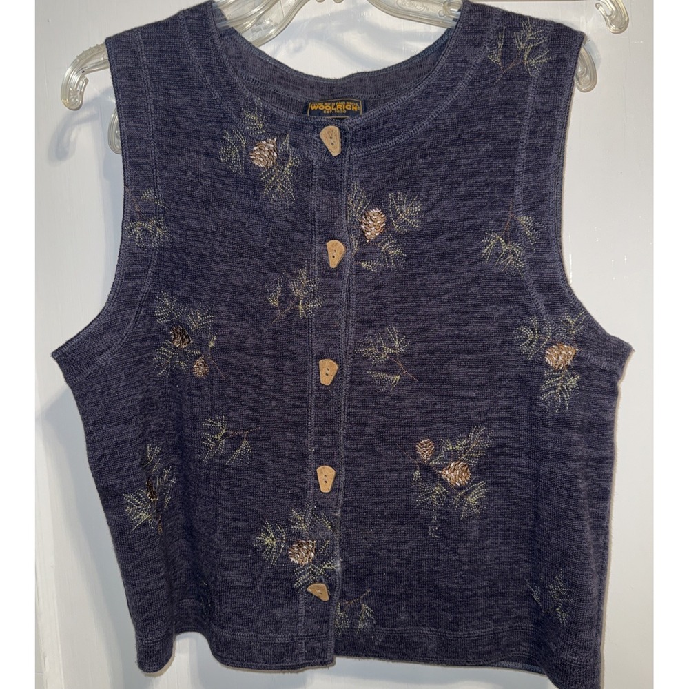 Women's Vtg WOOLRICH Blue Embroidered Pinecones Button Sweater Vest Size M